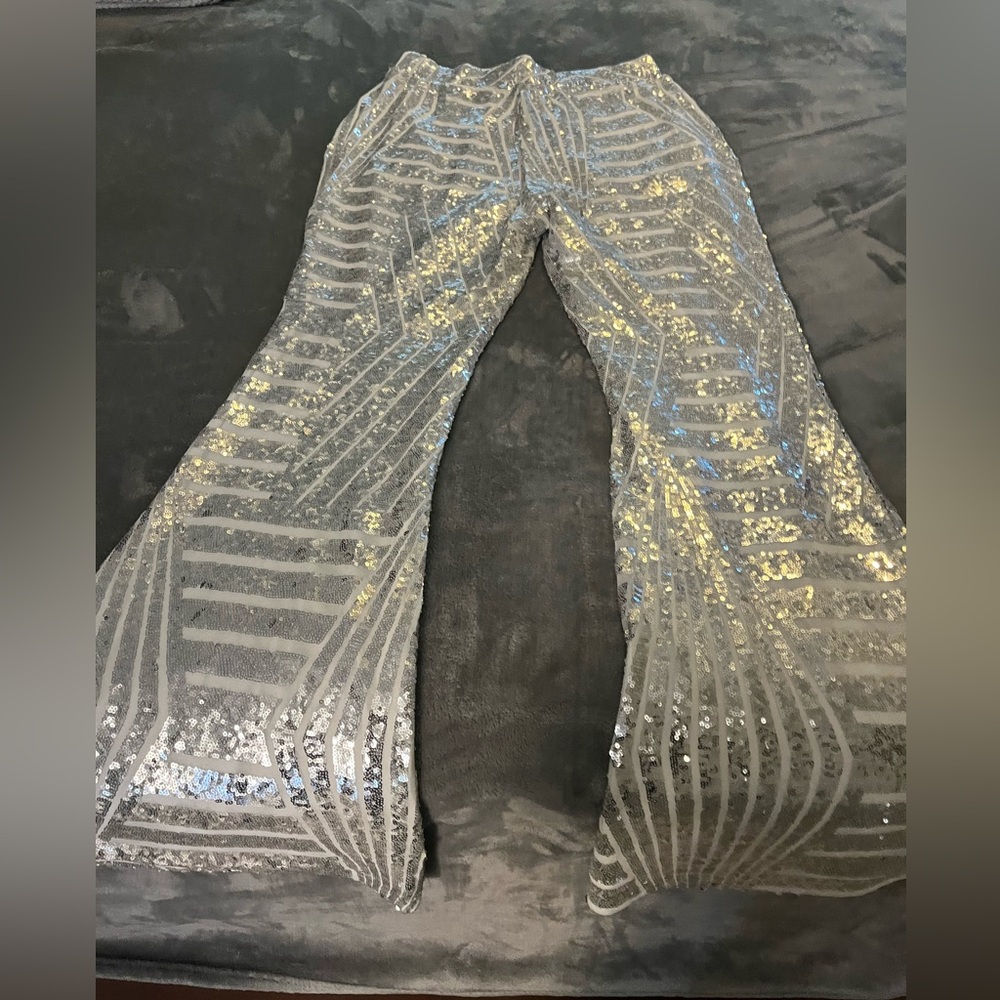 White and silver sequin pants.. cute for NYE or a festival/rave.